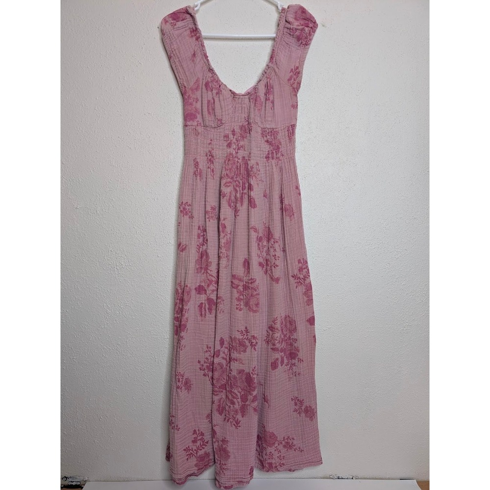 Free People Forget Me Not Midi Dress Size Small Pink Cottage Boho Smocked Gauze